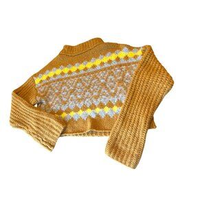 Free People Mustard Yellow Fair Isle Knit Sweater M Wool Blend Cropped Long Slee